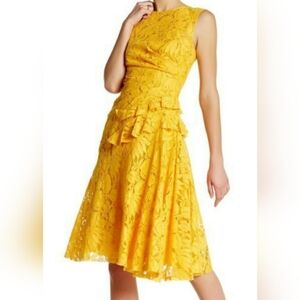 □$3,800 NEW OSCAR DE LA RENTA YELLOW FLORAL GUIPURE LACE DRESS GOWN US 6